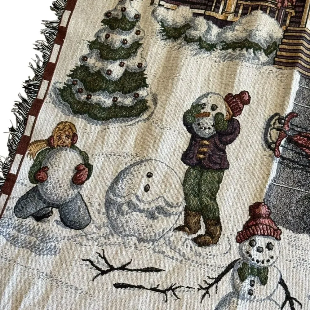 VINTAGE CHRISTMAS AFGHAN TAPESTRY‎ THROW FRINGE 48” x 60” DOG HOUSE SNOWMAN
